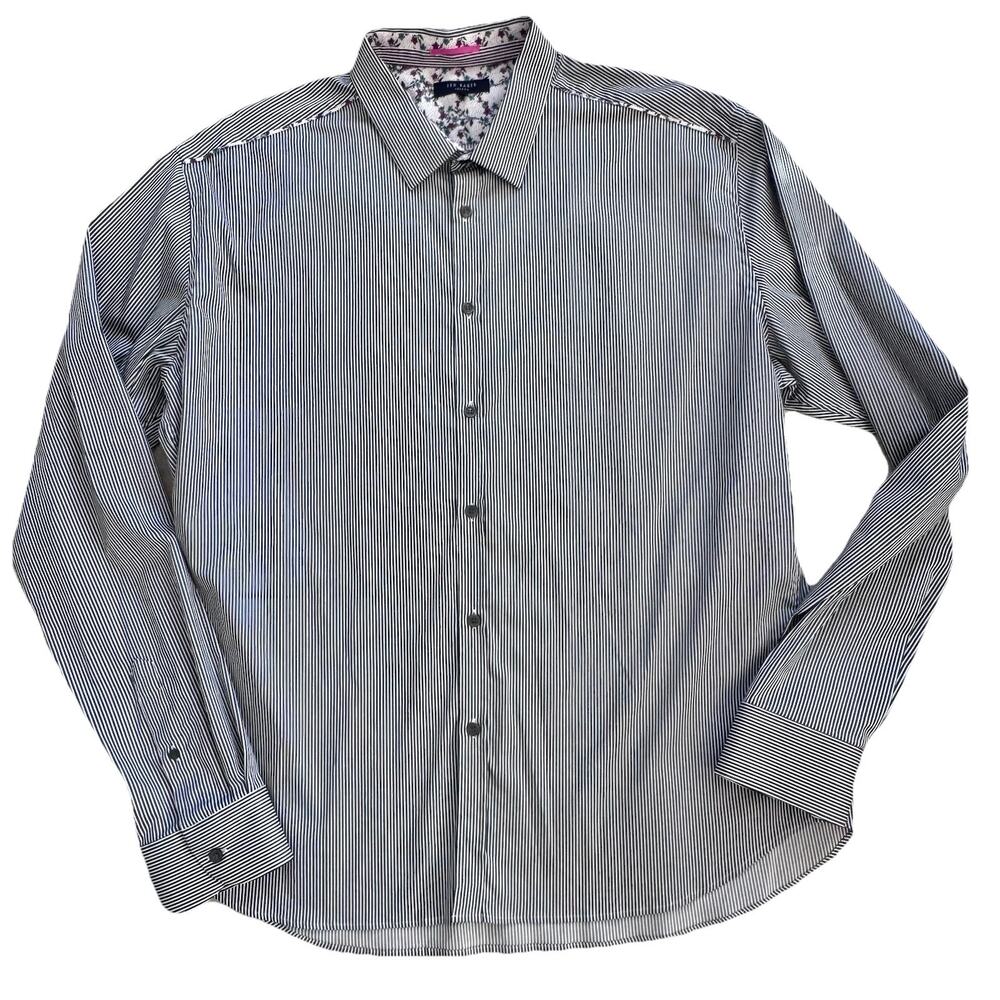 Ted Baker Mens Striped Floral trim Button Down Shirt Sz 8 XXL Preppy Office